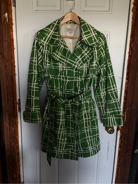 Merona Green and White Plaid Belted Double-Breasted Trench Coat Stylish and Chic